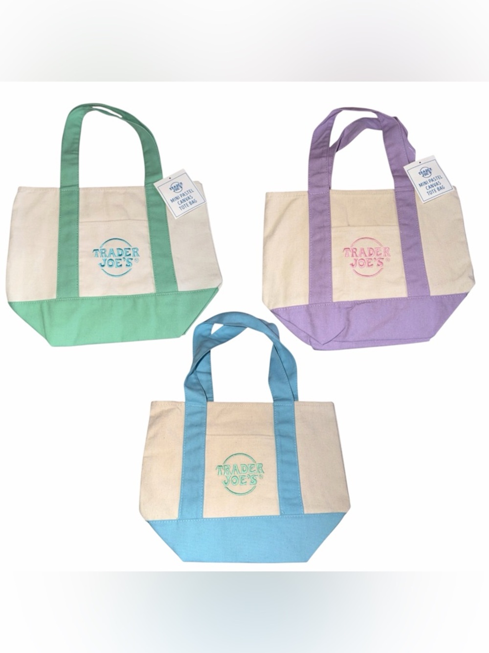 Trader Joe's Canvas Tote Trio - Mint Green, Lavender, Sky Blue